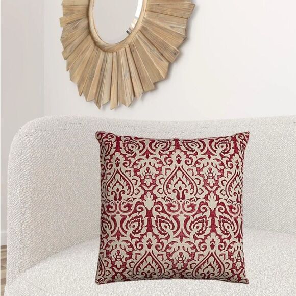 Sophisticated Red and Cream Damask Accent Pillow - Picture 4 of 10